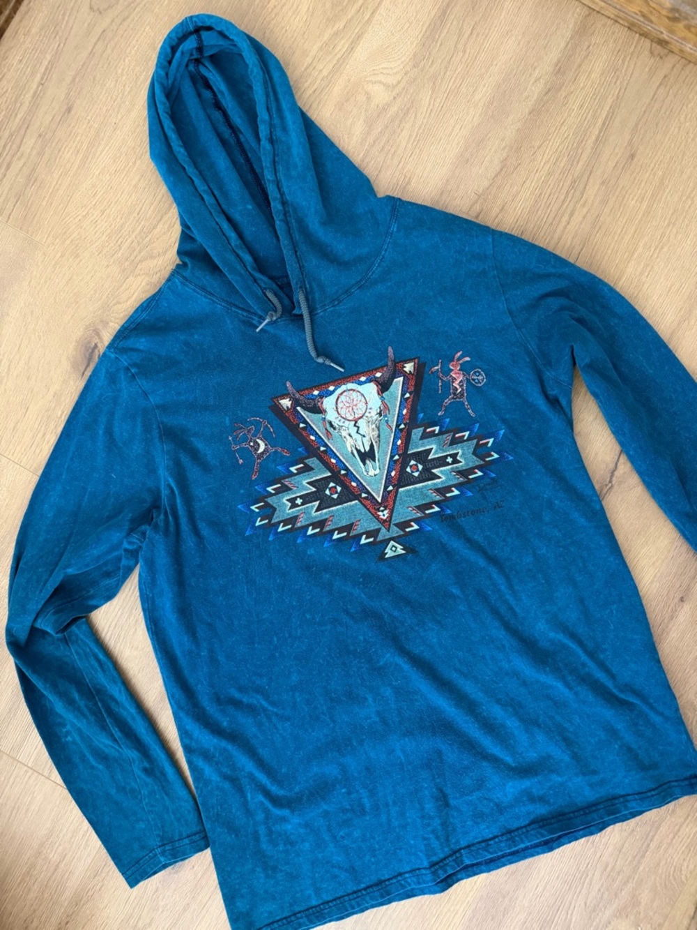 Tombstone Arizona Teal Long-Sleeve Hooded Shirt with Geometric Native UNISEX